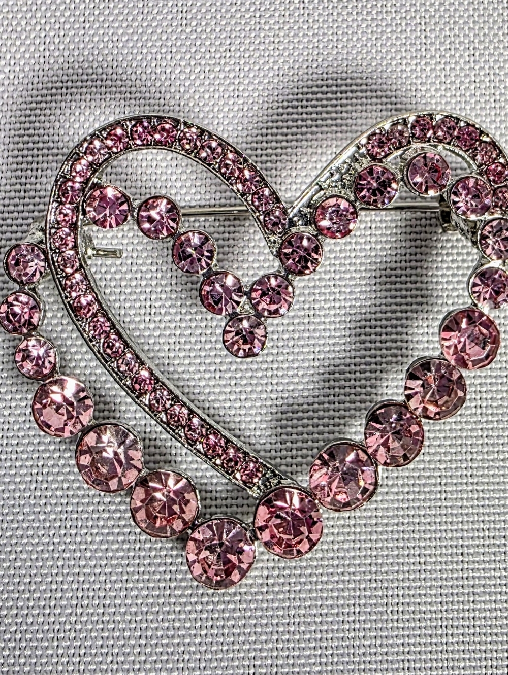 Pink Rhinestone Heart Brooch Double Heart Silver Tone Romantic Pin